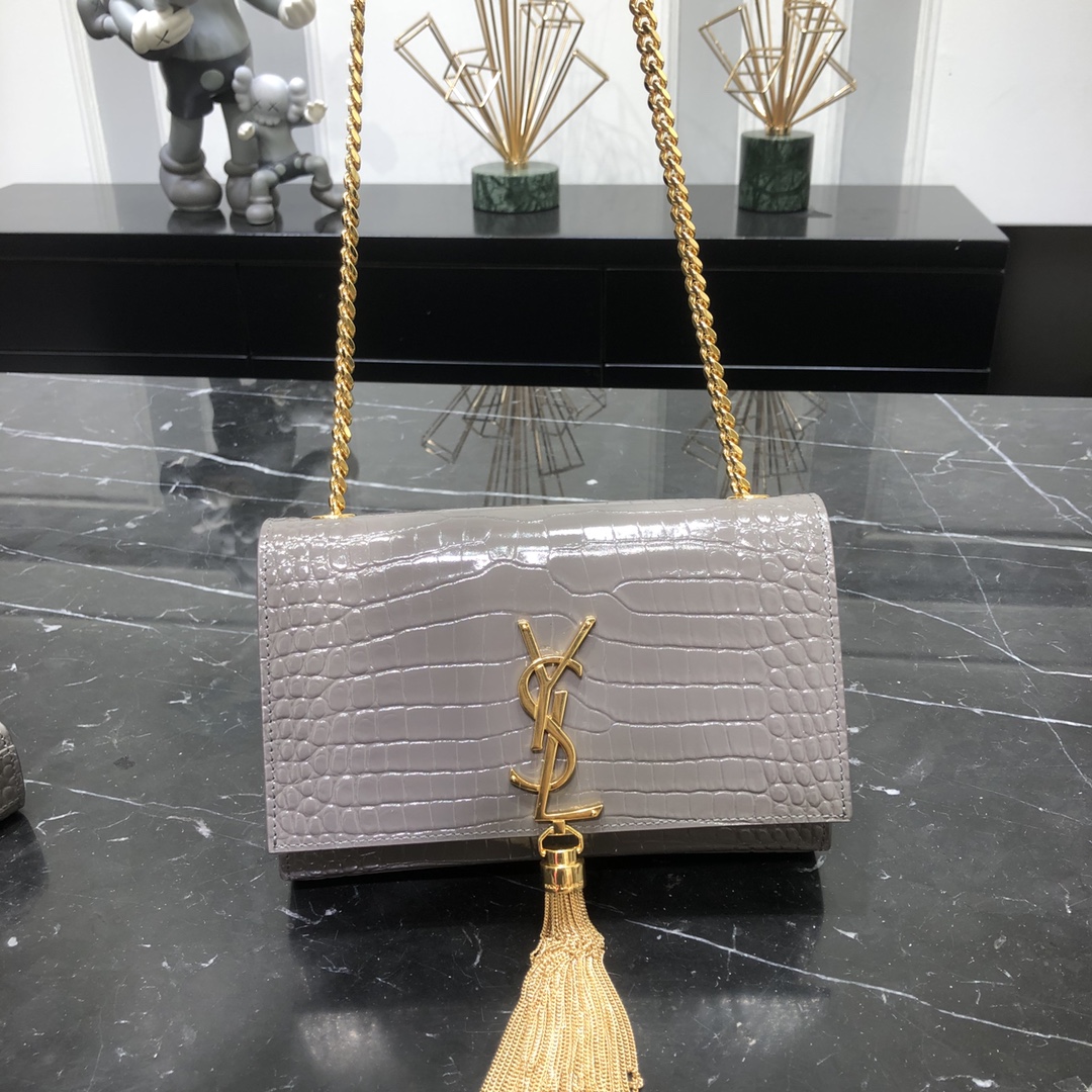 Saint Laurent Kate Tassel Small Crocodile Embossed Calfskin Shoulder Bag Handbag Grey 474366 Gold